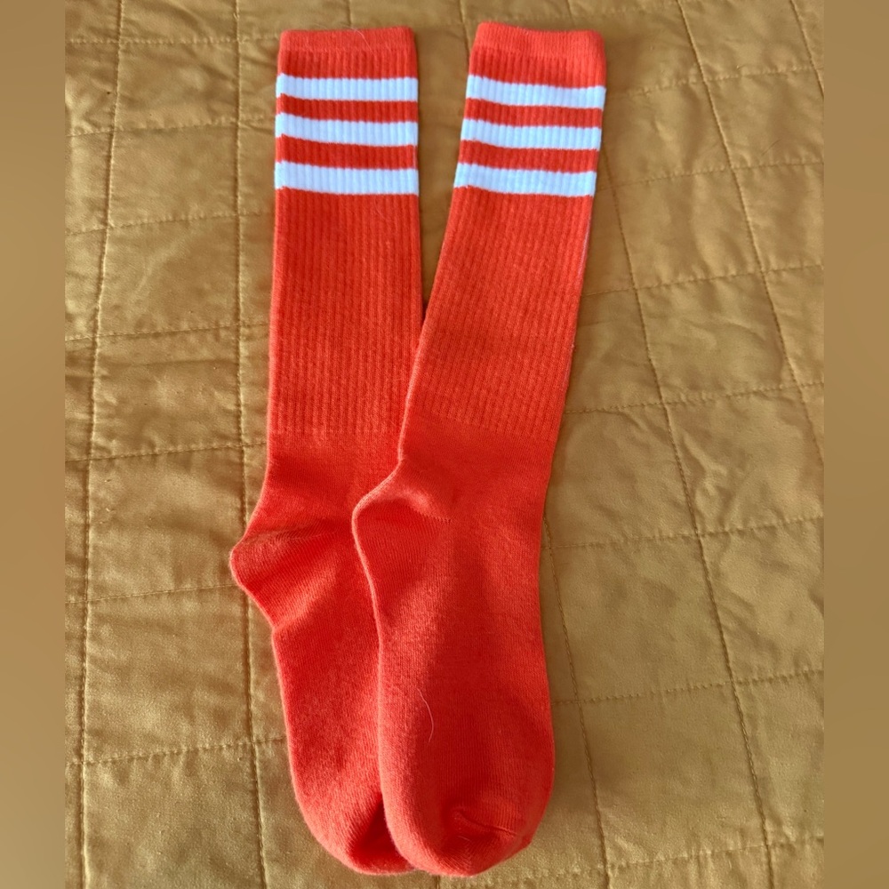 Orange Athletic Knee-High Socks with White Stripes
